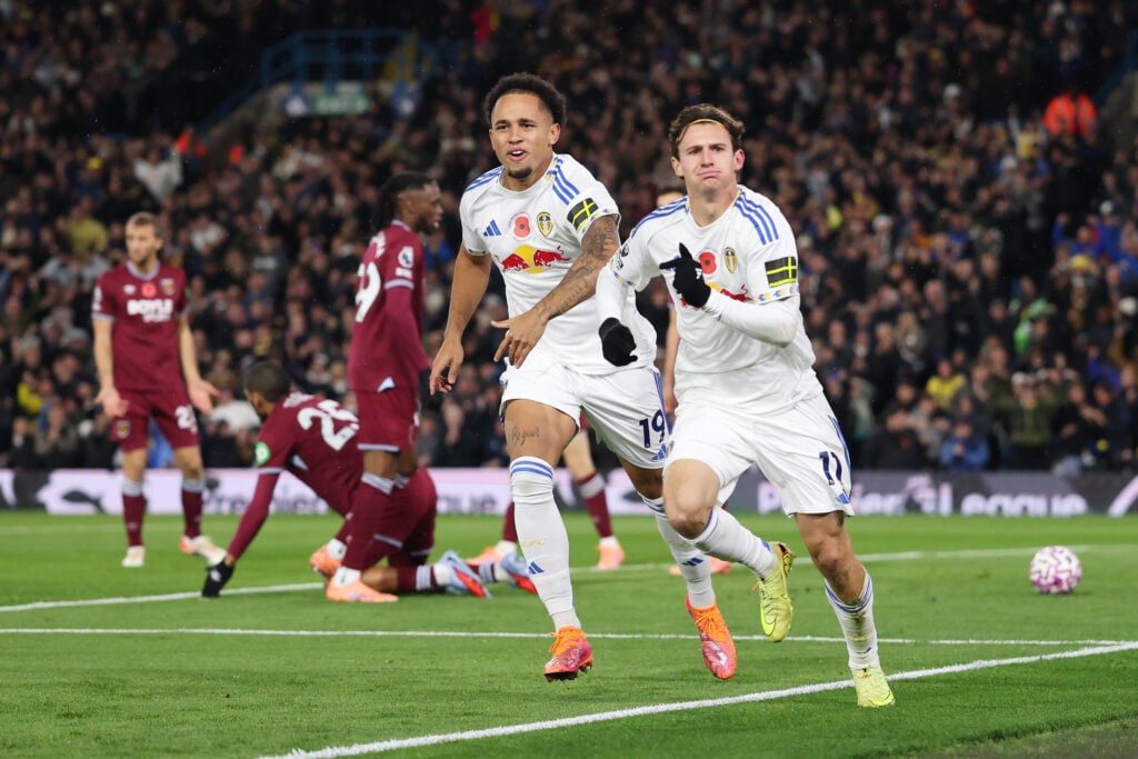 Noah Okafor and Brenden Aaronson celebrate during Leeds United v West Ham United - Premier League