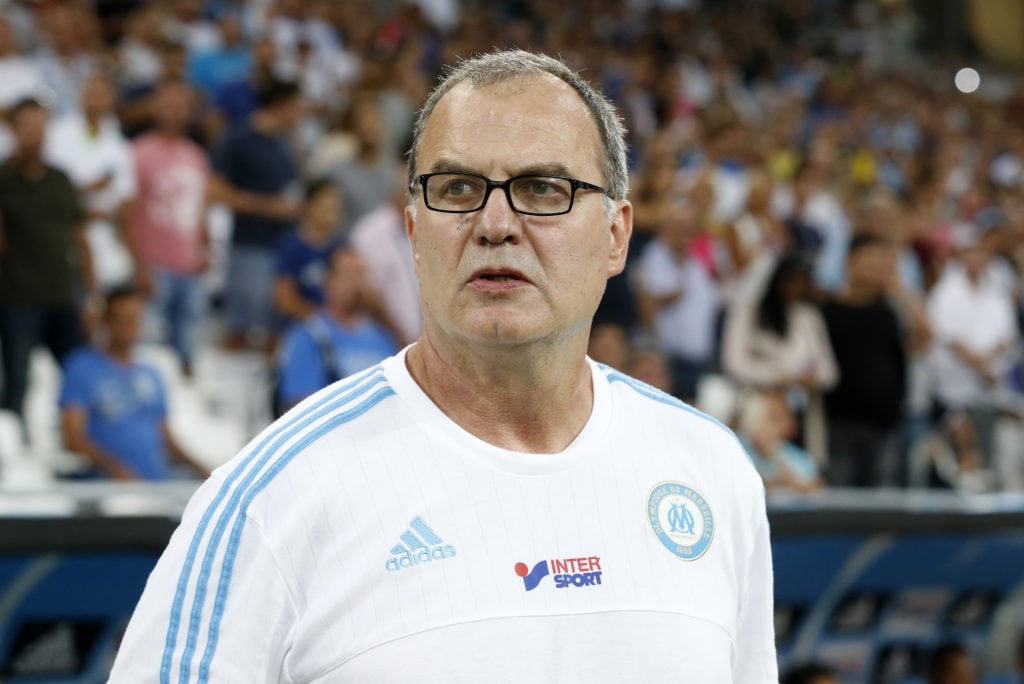 Marcelo Bielsa watches from the Marseille dugout.