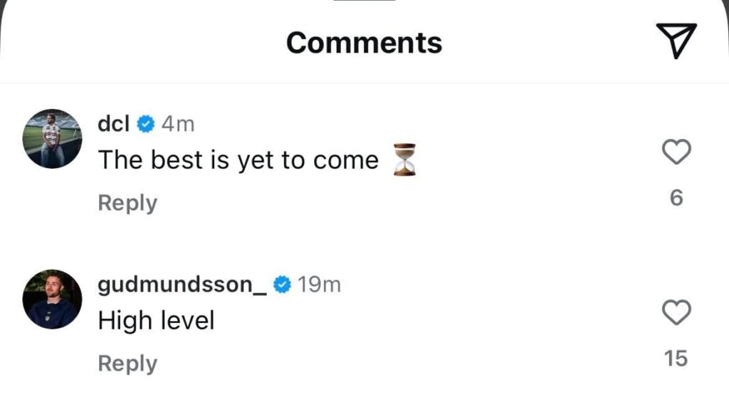 Screenshot of Dominic Calvert-Lewin and Gabriel Gudmundsson praising Noah Okafor on Instagram.