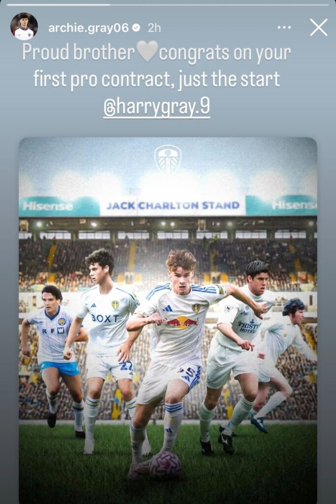 Screenshot of Archie Gray's post on younger brother Harry's new deal at Leeds.