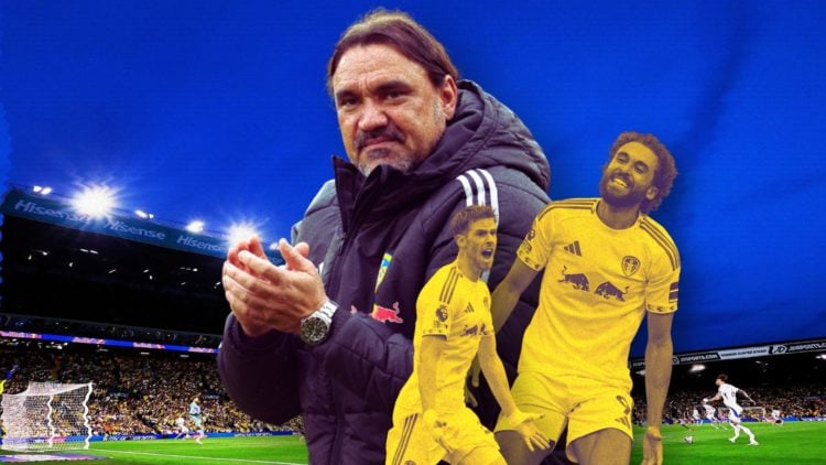 Collage of Daniel Farke applauding, and Anton Stach and Dominic Calvert-Lewin in yellow. Elland Road in the back ground.