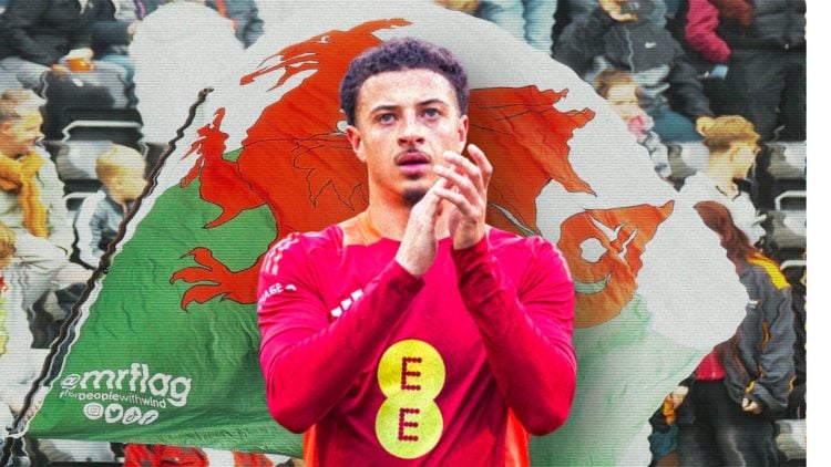 Collage of Ethan Ampadu applauding in front of a Wales flag.