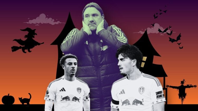Halloween collage featuring Daniel Farke, Ethan Ampadu and Pascal Struijk and various clip art with an orange back ground.
