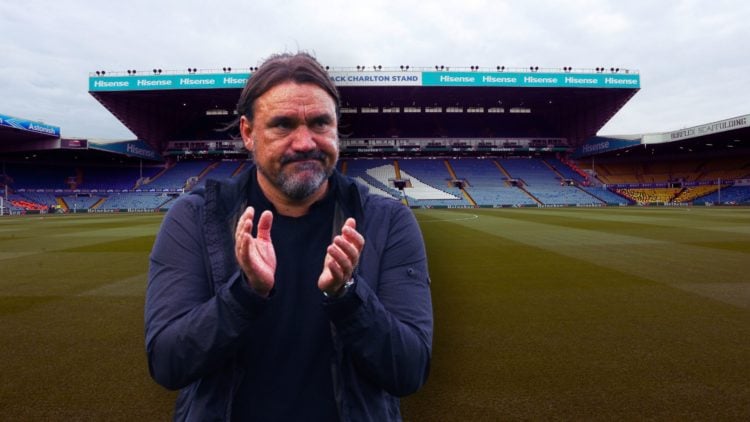 Daniel Farke applauds in front of Elland Road.