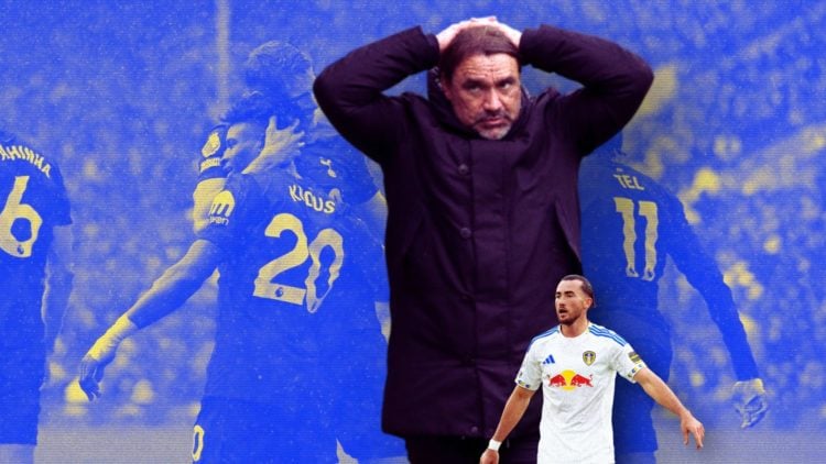 Collage of Daniel Farke with his hands on his head, Jack Harrison playing for Leeds United and Mohammed Kudus celebrating for Tottenham.