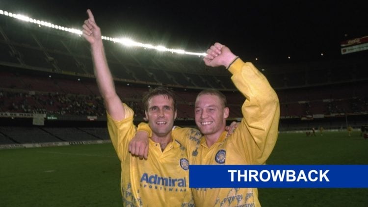 Carl Shutt and David Batty celebrate for Leeds United with the Throwback label