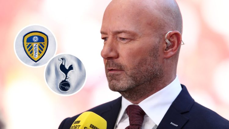 BBC pundit Alan Shearer (right) with Leeds United and Tottenham Hotspur club crests (left)