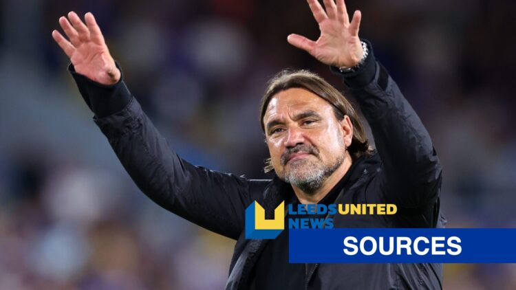 Daniel Farke celebrates after Leeds United beat Everton in the Premier League, LUN logo and exclusive label inset