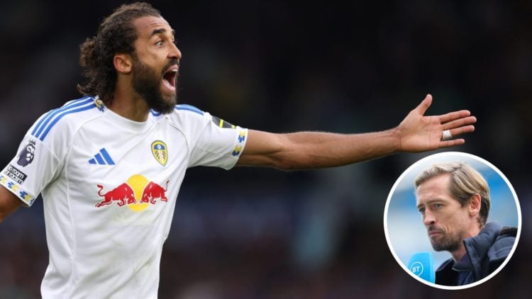 Dominic Calvert-Lewin of Leeds United (left) and TNT pundit Peter Crouch (right)