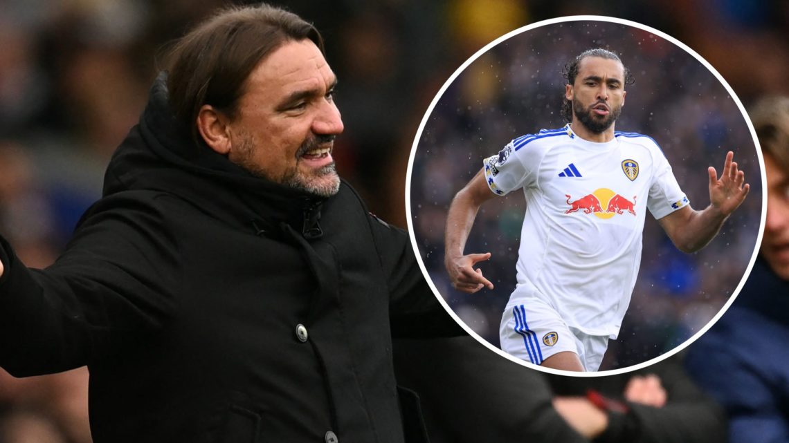 Daniel Farke holds his hands out in exasperation during Leeds vs Tottenham. Inset: Dominic Calvert-Lewin runs.