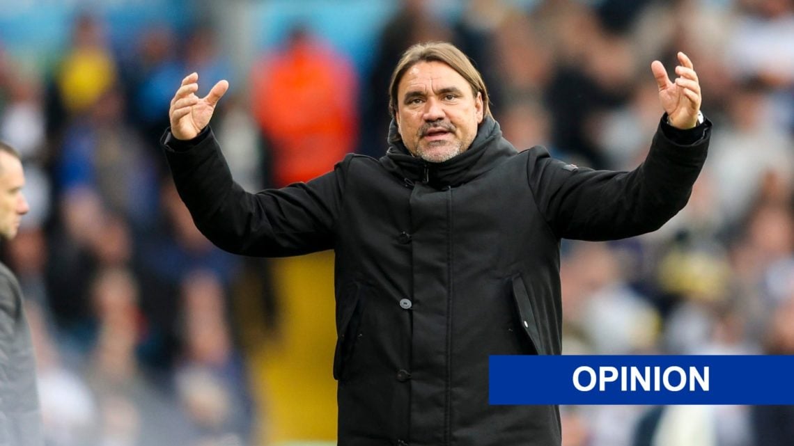 Leeds United manager Daniel Farke with the opinion label