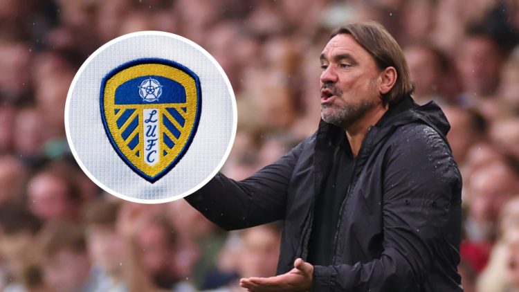 Leeds United head coach Daniel Farke with the club badge inset