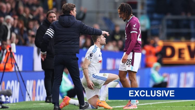 Hannibal Mejbri squares up to Leeds United player Gabriel Gudmundsson with the Exclusive label