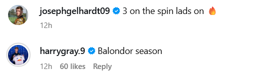 Screenshot of Harry Gray commenting on Joe Gelhardt's Instagram.