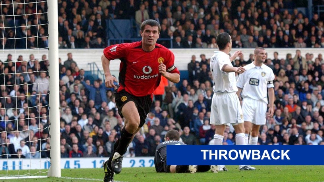 Roy Keane celebrates a goal against Leeds United with the throwback label