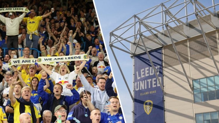 Split image of Leeds United fans and a general view of Elland Road stadium