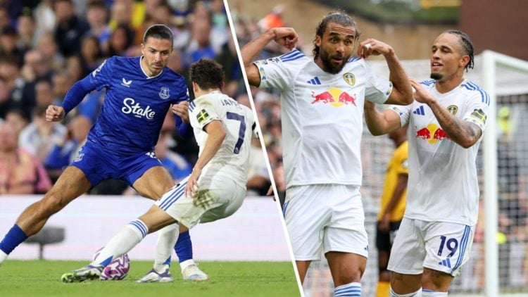 Leeds United forward's Dominic Calvert-Lewin and Noah Okafor (right), with Everton's Jack Grealish vs Dan James (left)