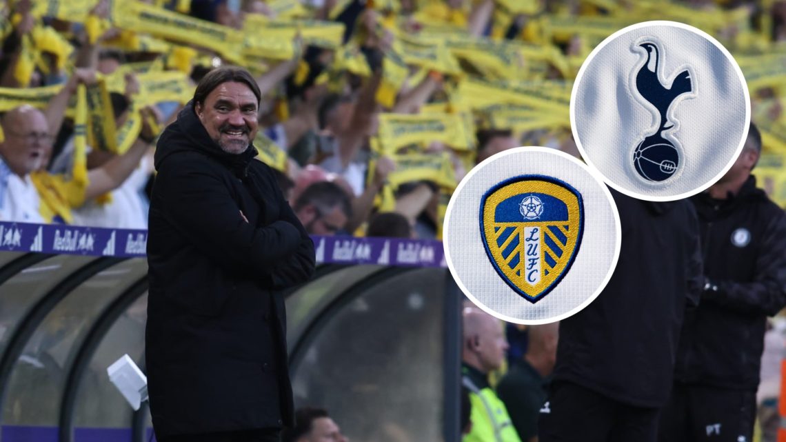 Leeds United manager Daniel Farke (let) and Leeds and Tottenham crests (right)