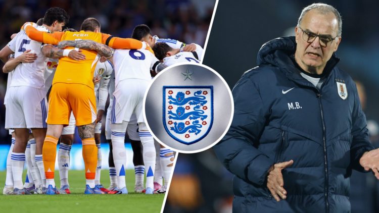 Leeds United squad huddle (left), Marcelo Bielsa of Uruguay (right), and England crest (centre)