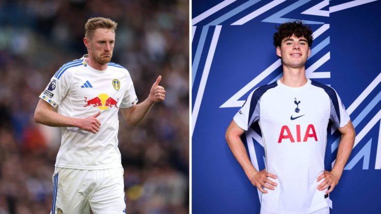 Split image: Sean Longstaff gives a thumbs up gesture while playing for Leeds United (L). Archie Gray poses in a Tottenham shirt (R).