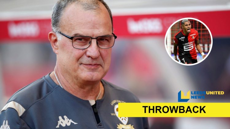 Marcelo Bielsa of Leeds United (left) and Stade Rennais winger Raphinha (right) with throwback LUN banner