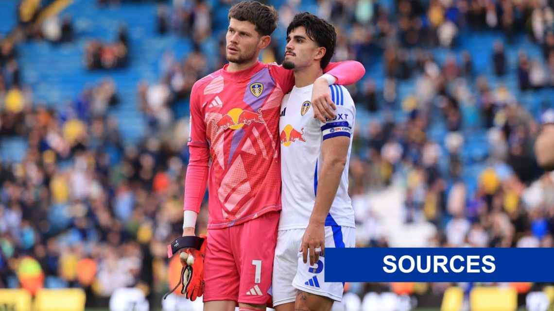 Leeds United players Illan Meslier and Pascal Struijk with the sources label