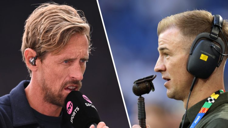 Pundit Peter Crouch (left) and Joe Hart on co-commentary (right)