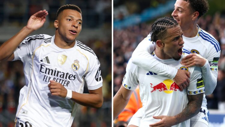 Real Madrid forward Kylian Mbappe (left) and Leeds United duo Noah Okafor and Ethan Ampadu (right)