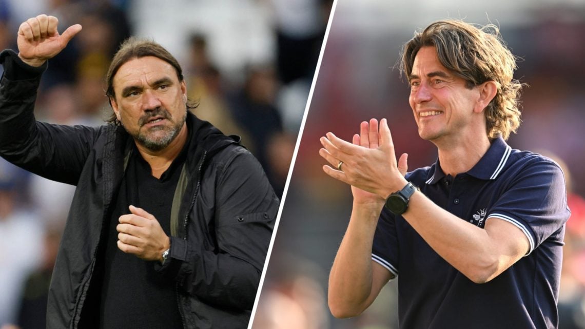 Former Brentford manager Thomas Frank of Tottenham (left) and Leeds United manager Daniel Farke (right)