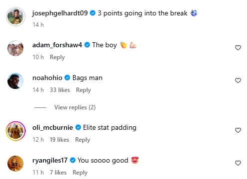 Screenshot of comments from Adam Forshaw and Oli McBurnie on Joe Gelhardt's Instagram post