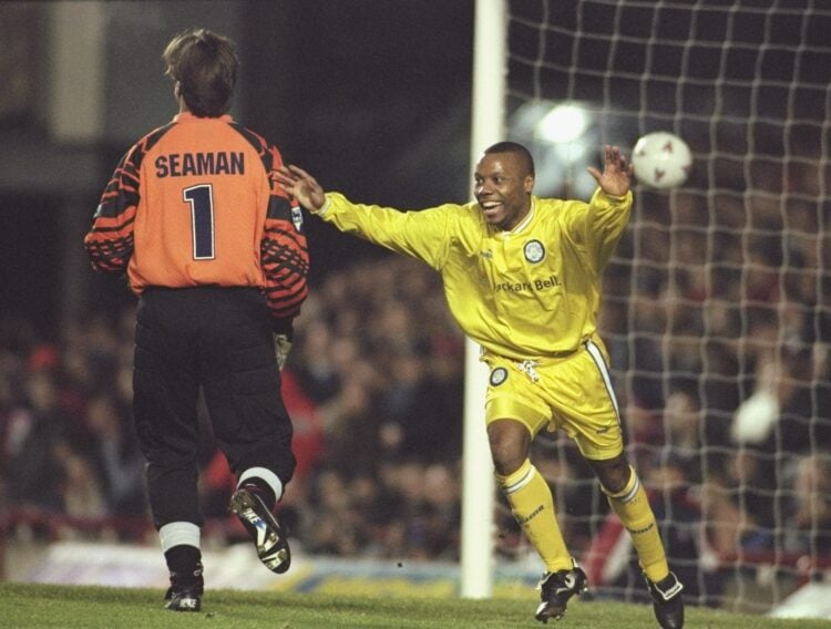 4 Feb 1997:  Rod Wallace celebrates his goal for Leeds during the FA cup Fourth round tie between Arsenal and Leeds at Highbury in London. Leeds wo...