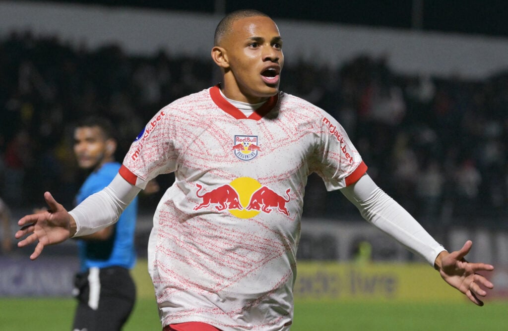 Jhon Jhon celebrates a goal for Bragantino.