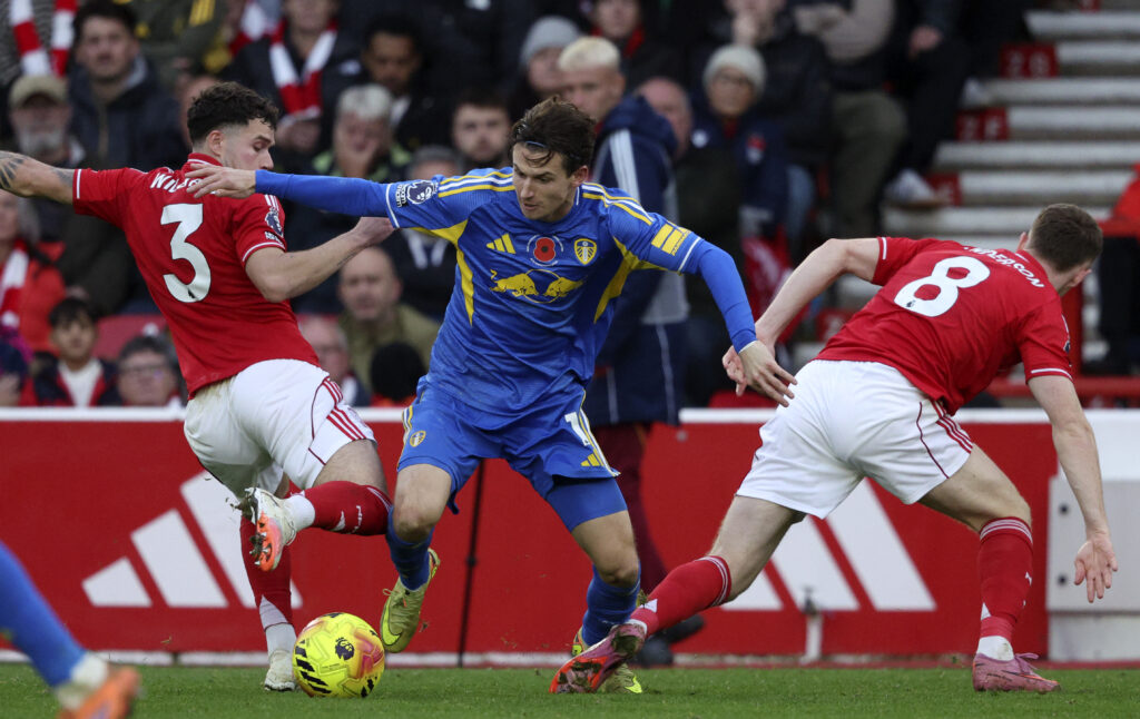 Brenden Aaronson in action against Forest.
