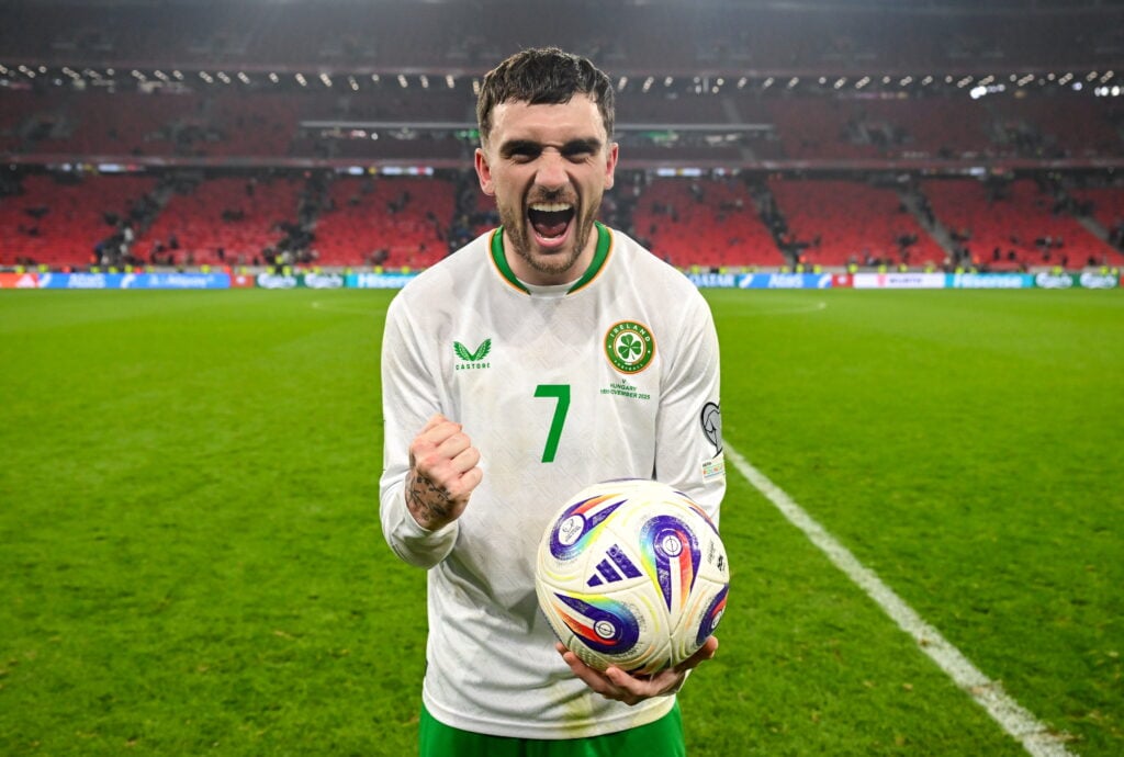 Troy Parrott celebrates his winning goal for Ireland against Hungary.