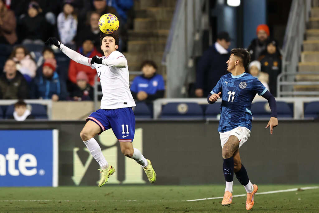 Brenden Aaronson in action for the United States against Paraguay.