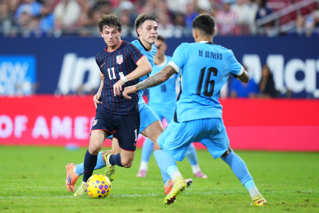 Brenden Aaronson during his late cameo against Uruguay.