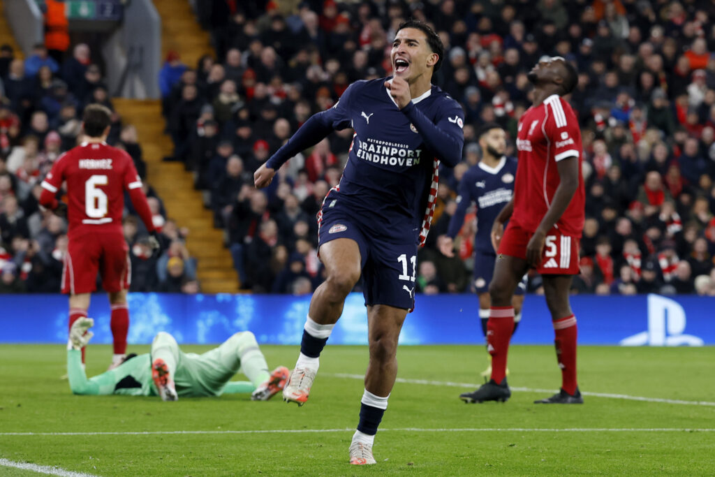 Couhaib Driouech scores for PSV against Liverpool.