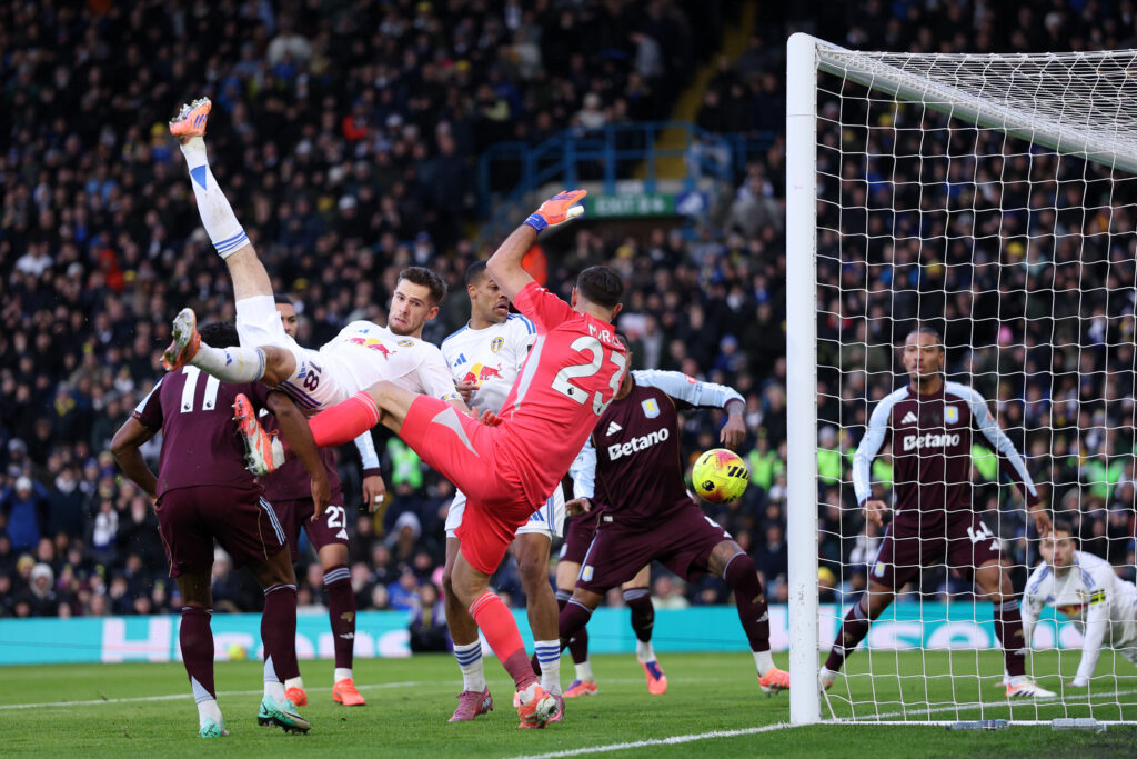 Anton Stach challenges for the ball during Leeds United v Aston Villa - Premier League