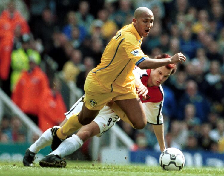 5 May 2001:  Olivier Dacourt of Leeds is brought down by Fredrik Ljungberg of Arsenal during the match between Arsenal and Leeds United in the FA C...
