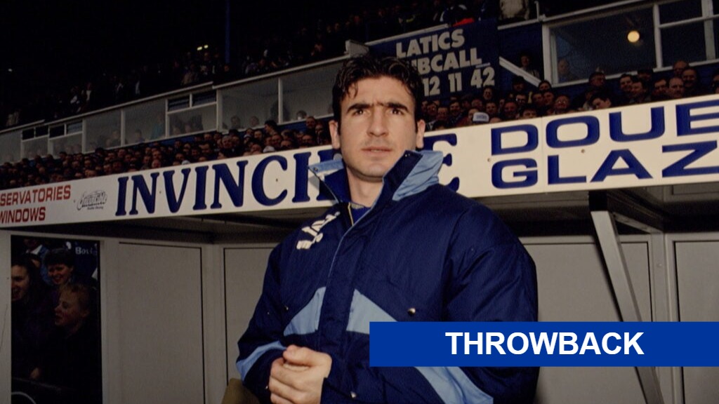 Former Leeds United forward Eric Cantona with the throwback label