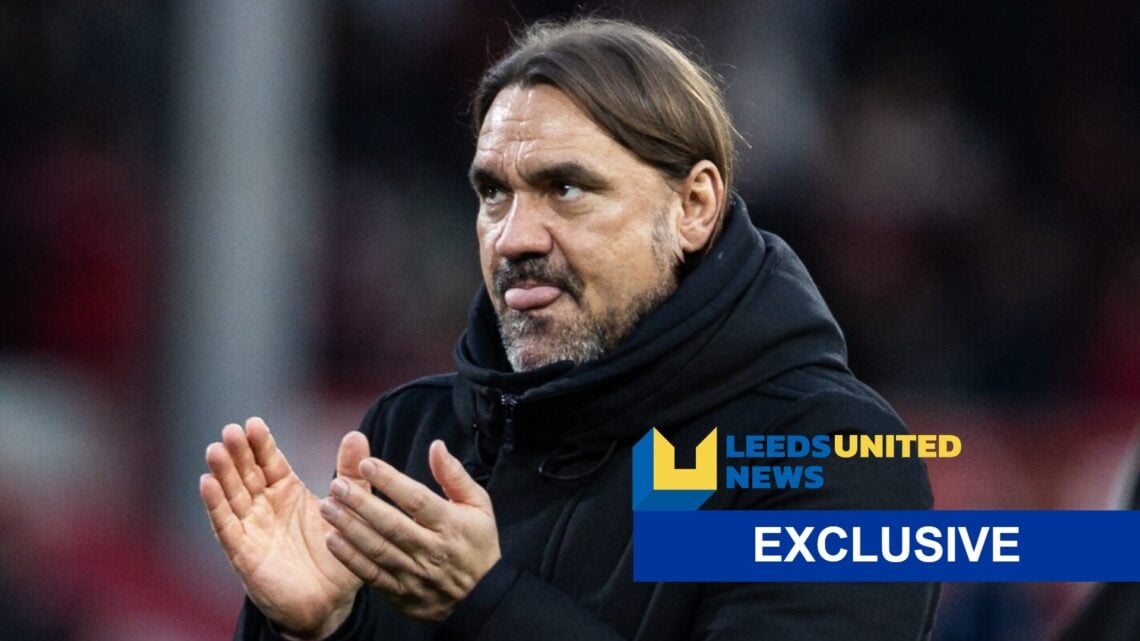 Leeds United manager Daniel Farke with the exclusive logo and site logo