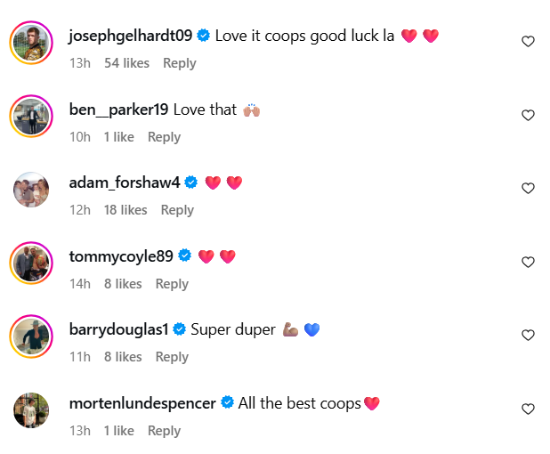 Screenshot of Joe Gelhardt and Adam Forshaw reacting to Sheffield Wednesday's Liam Cooper announcement on Instagram.