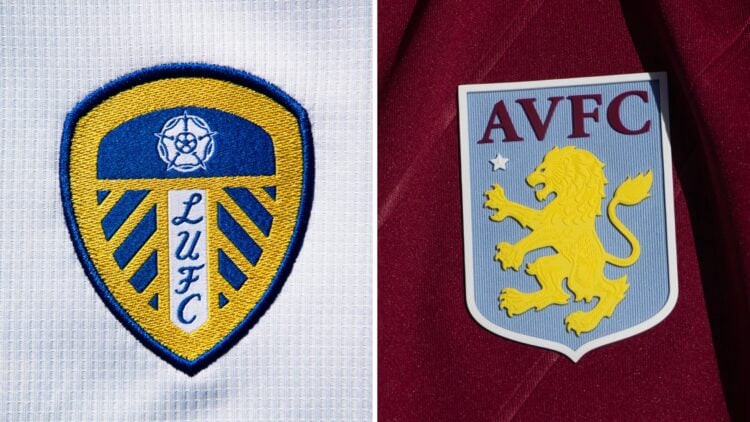 Split image of the Leeds United badge and the Aston Villa badge