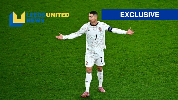 Cristiano Ronaldo in action for Portugal, LUN logo and exclusive label inset