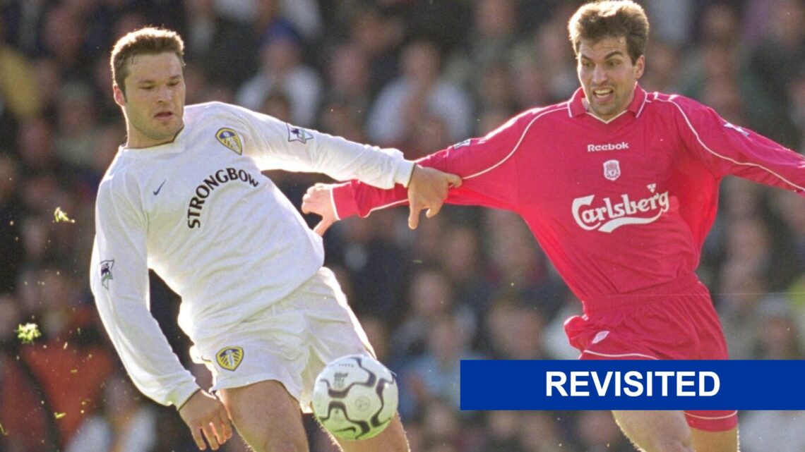 Mark Viduka of Leeds United with the Revisited label