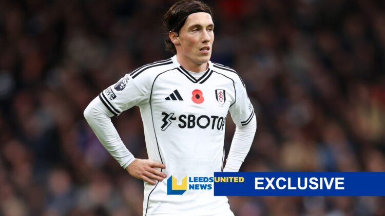 Harry Wilson stands with his hands on his hips while playing for Fulham. Leeds United News exclusive banner.