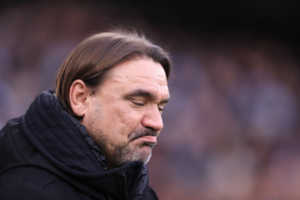 Daniel Farke managing Leeds United away to Manchester City