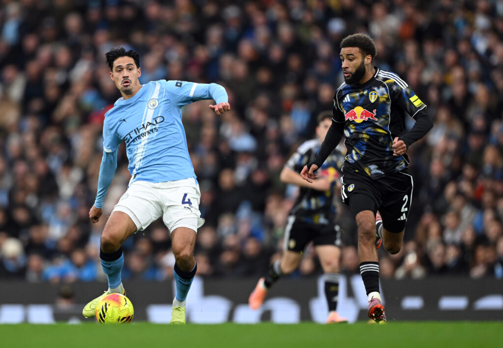 Jayden Bogle in action during Manchester City v Leeds United - Premier League