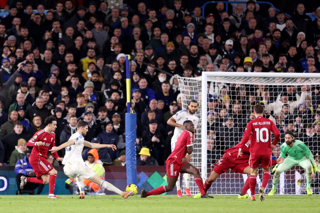 Anton Stach scores during Leeds United v Liverpool - Premier League
