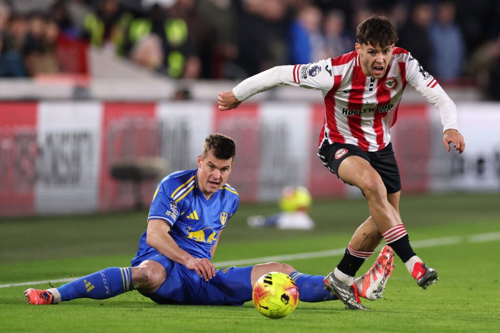 Jaka Bijol makes a tackle during Brentford v Leeds United - Premier League
